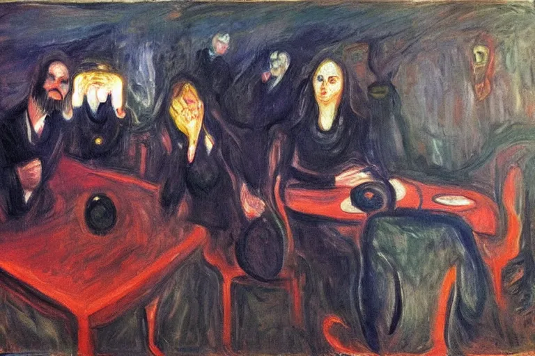 Prompt: its like russian roulette, when your placin, your bet, art by edvard munch. so don't be upset when your broke and your done, art by robert hickox. canvas art, dark ambient, image elegant. acrylic art, trending on artstation