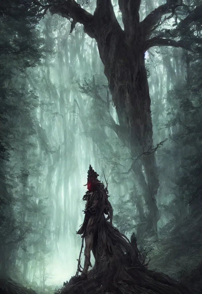 Image similar to a fancy portrait of a celestial standing in a large forest by greg rutkowski, sung choi, mitchell mohrhauser, maciej kuciara, johnson ting, maxim verehin, peter konig, bloodborne, 8 k photorealistic, cinematic lighting, hd, high details, dramatic, dark atmosphere, trending on artstation