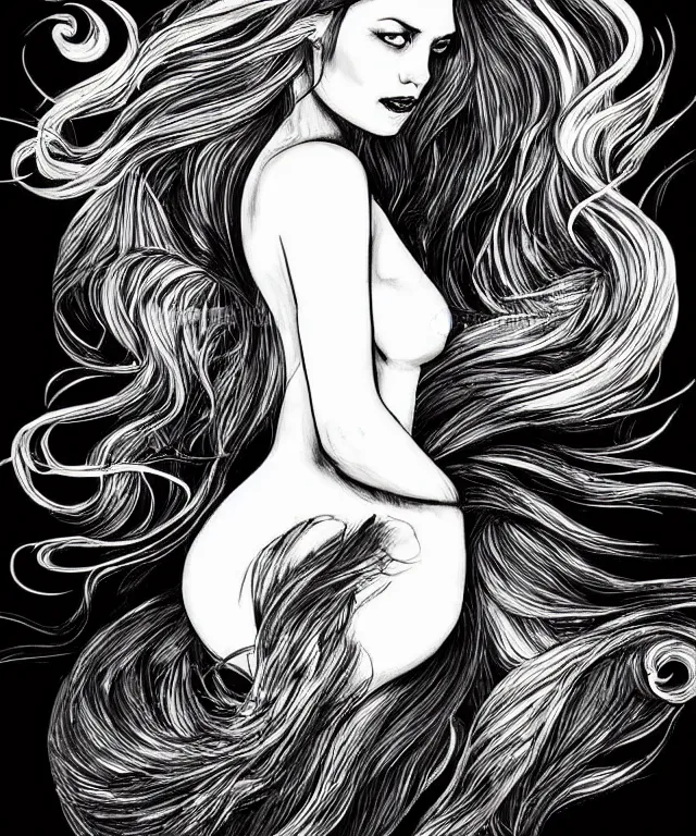 Image similar to black and white illustration, creative design, dark fantasy, beautiful mermaid with flowing hair