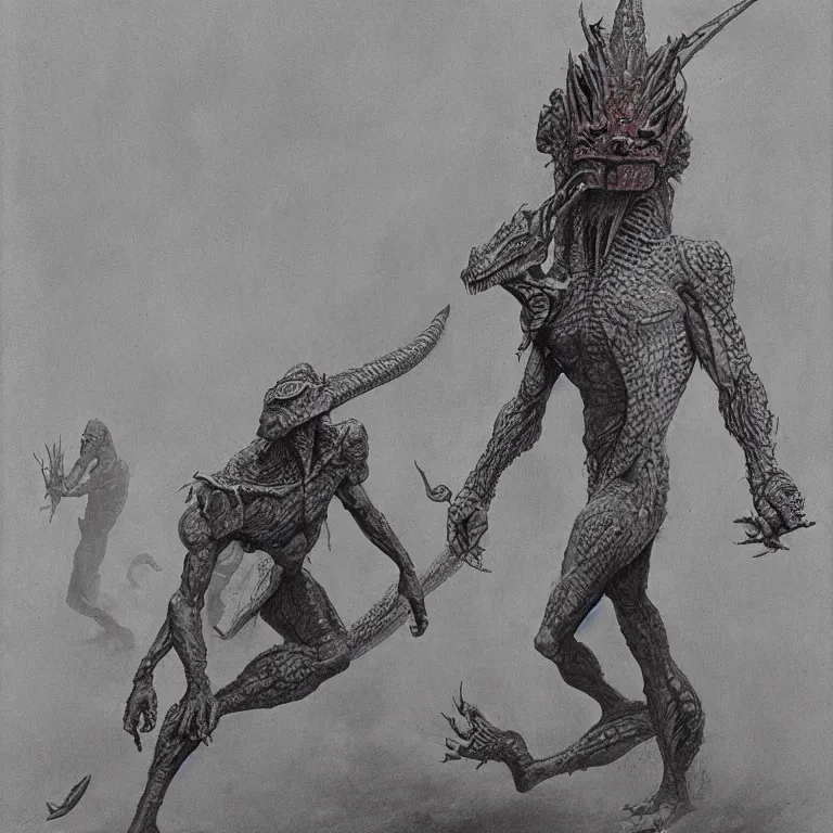 Prompt: lizardman warrior concept, tribal, beksinski an moebius