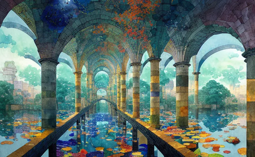 Prompt: tiled room squared waterway, aqueducts, fantasy. intricate, amazing composition, colorful watercolor, by ruan jia, by maxfield parrish, by marc simonetti, by hikari shimoda, by robert hubert, by zhang kechun, illustration, gloomy