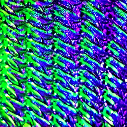 Image similar to an intricate closeup of iridescent dragon scales, 4k photography, blacklight