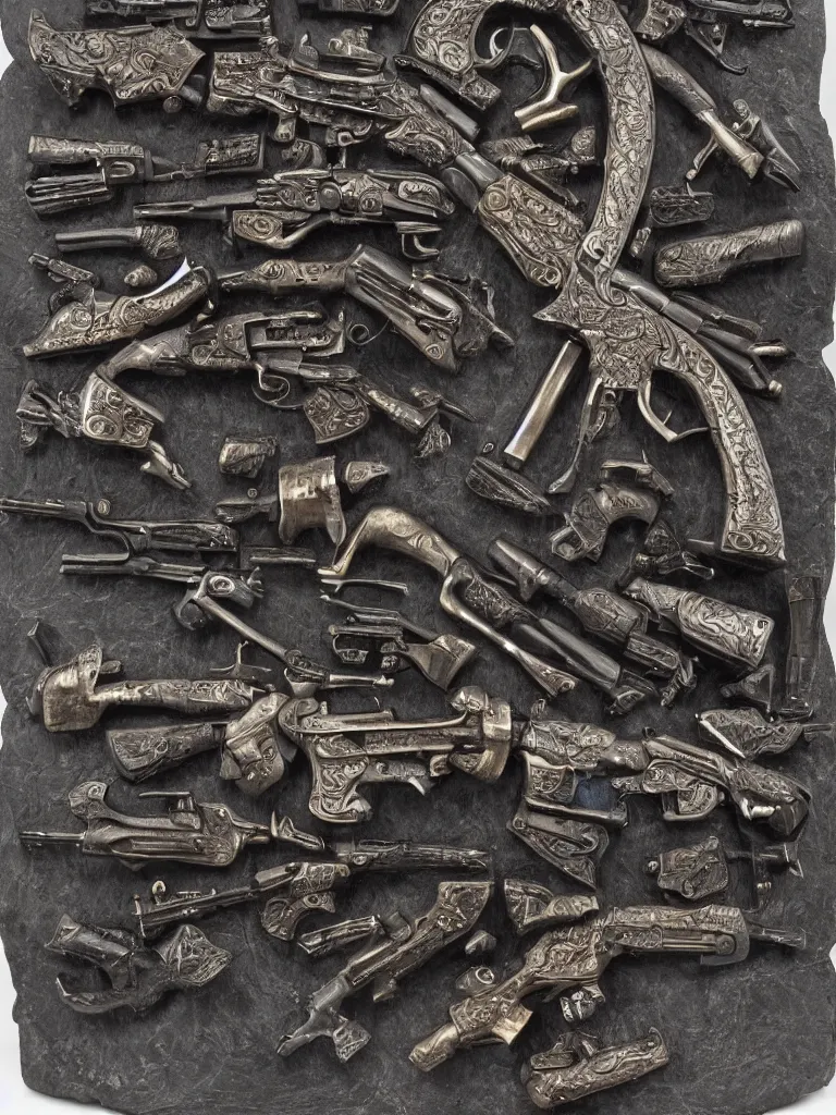 Image similar to carving in old worn black granite of machine guns shotguns rifles revolvers bullets, magazine cover, ultrarealistic, intricate details, 4k