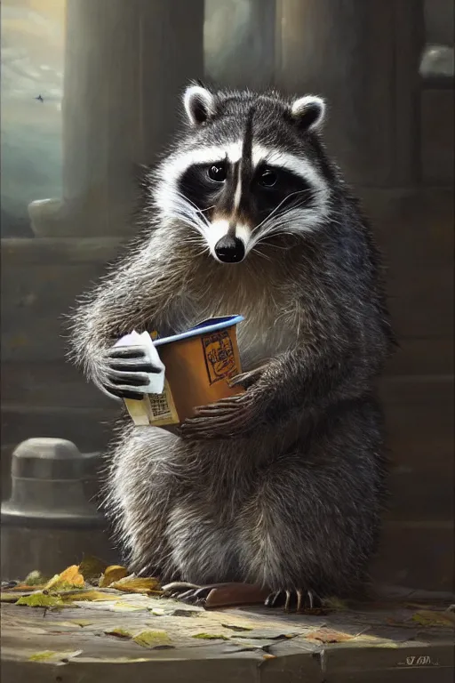 Prompt: anthropomorphic raccoon taking out the trash, oil on canvas, intricate, portrait, 8k highly professionally detailed, HDR, CGsociety