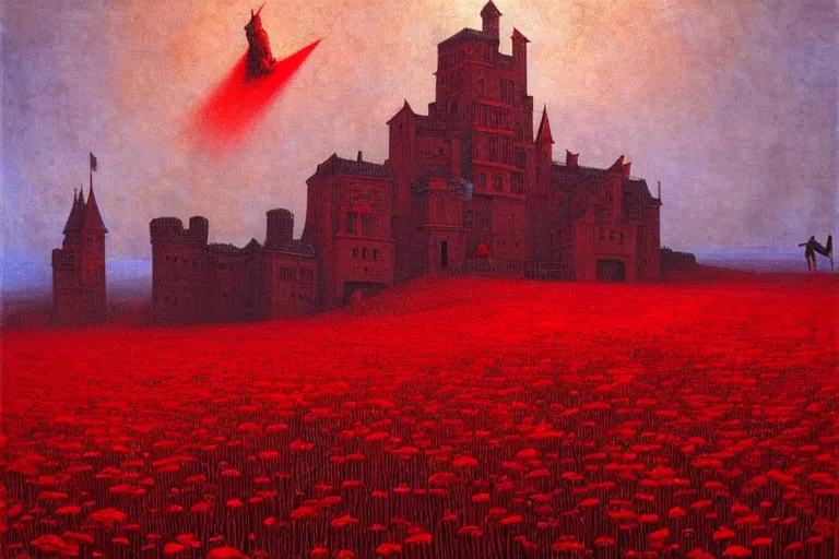 Image similar to only with red, red flowers, a red tiger, a castle in the background, medieval demons, an ancient path, in the style of beksinski, part by hopper, part by rodcenko, part by hofbauer, intricate composition, red by caravaggio, insanely quality, highly detailed, masterpiece, red light, artstation