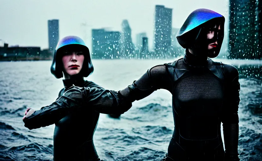 Prompt: cinestill 5 0 d candid action photographic portrait by helen levitt of two loving female androids wearing rugged black mesh techwear in treacherous waters, extreme closeup, modern cyberpunk retrofuturism moody emotional cinematic, pouring iridescent rain, 8 k, hd, high resolution, 3 5 mm, f / 3 2, motion blur, ultra realistic faces, ex machina