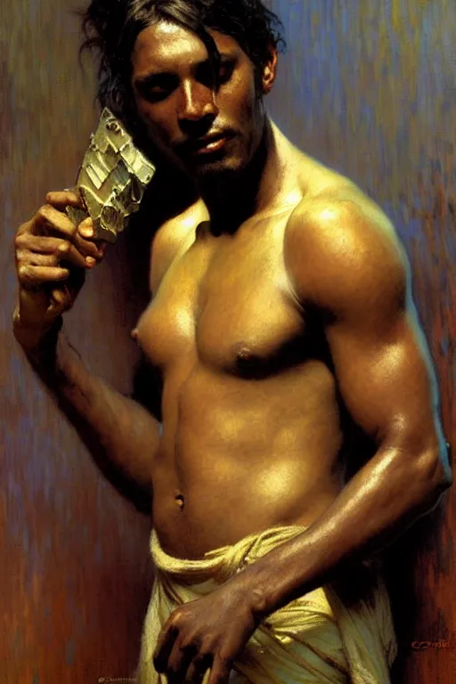 Image similar to attractive man, dark skin, painting by gaston bussiere, craig mullins, greg rutkowski, alphonse mucha