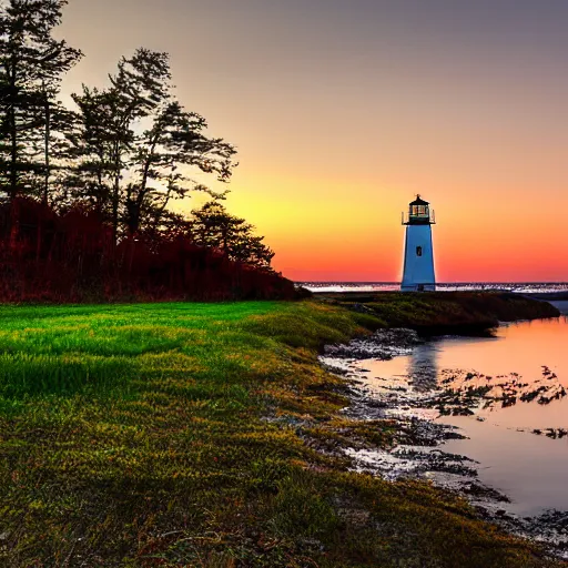 Prompt: lighthouse at dusk in a new england field