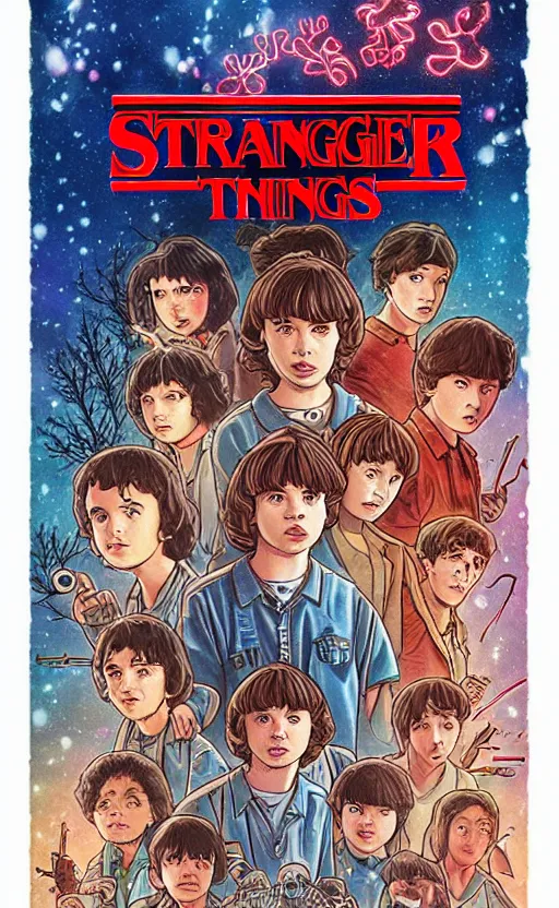 Prompt: a stranger things promotional poster in the style of miyazaki studio Ghibli. Anime manga