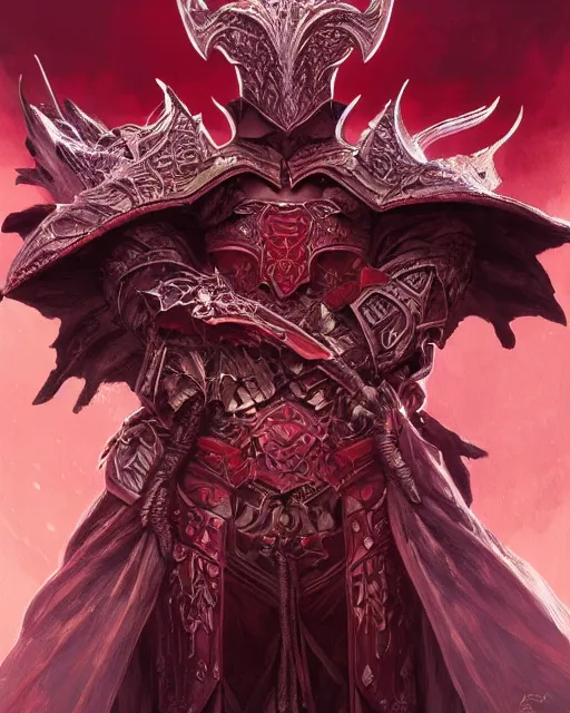 Image similar to Portrait of a Fantasy crimson knight, moonlit, HD, illustration, epic, D&D, fantasy, intricate, elegant, highly detailed, digital painting, artstation, concept art, smooth, sharp focus, illustration, art by artgerm and greg rutkowski and alphonse mucha, monster hunter illustrations art book