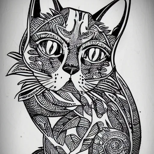 Prompt: tattoo sketch of a cat with one eye, monstera deliciosa, a draft, organic ornament, maori, vector