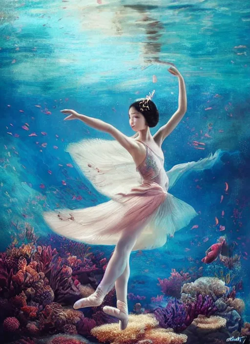 Prompt: stunningly beautiful, asian prima ballerina at the bottom of the great barrier reef, smooth, focus, highly detailed, hyper realistic, dramatic lighting, intricate, concept art, art by wlop, mars ravelo, greg rutowski