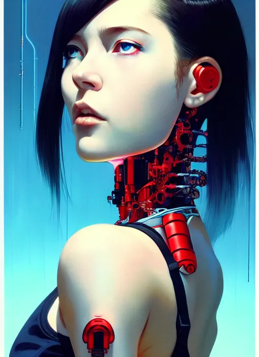 Image similar to side portrait of cyborg girl with robotic parts | | head only in center of image, audrey plaza, fine detail!! anime!! realistic shaded lighting!! poster by ilya kuvshinov katsuhiro otomo ghost - in - the - shell, magali villeneuve, artgerm, jeremy lipkin and michael garmash and rob rey