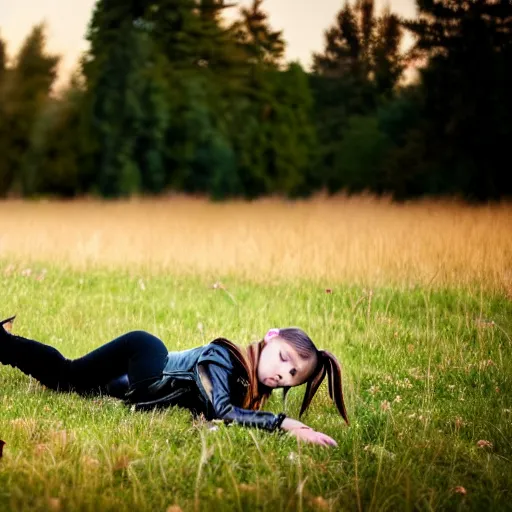 Prompt: young girl lies on a meadow, she has two ponytails and wears leather jacket, jeans and knee high black boots, sharp focus, photo taken by nikon, 4 k,