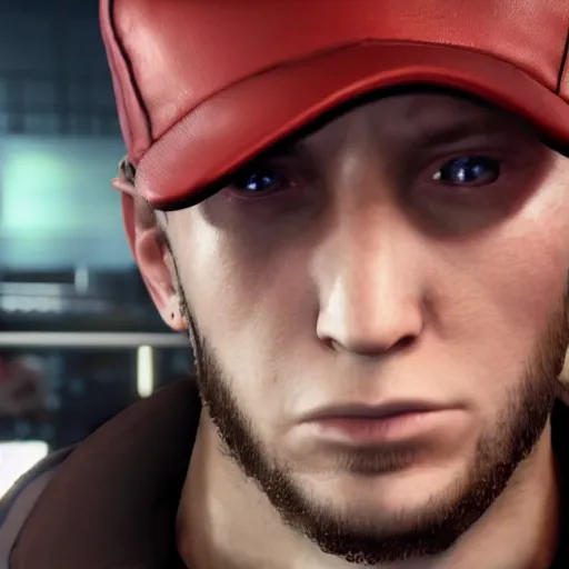 Image similar to a videogame still of Eminem in Tekken 7, 40mm lens, shallow depth of field, split lighting