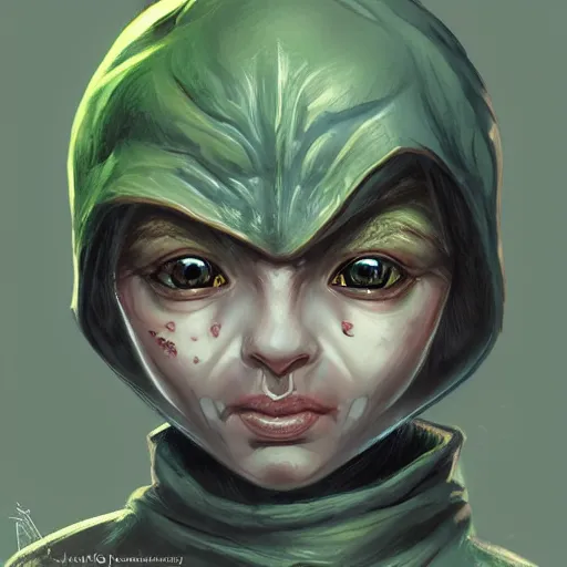 Image similar to Goblin Cleric with large expressive eyes and a scarf, hatched ear, green skin, highly detailed, by Luke Pearson, artgerm, digital illustration, concept art