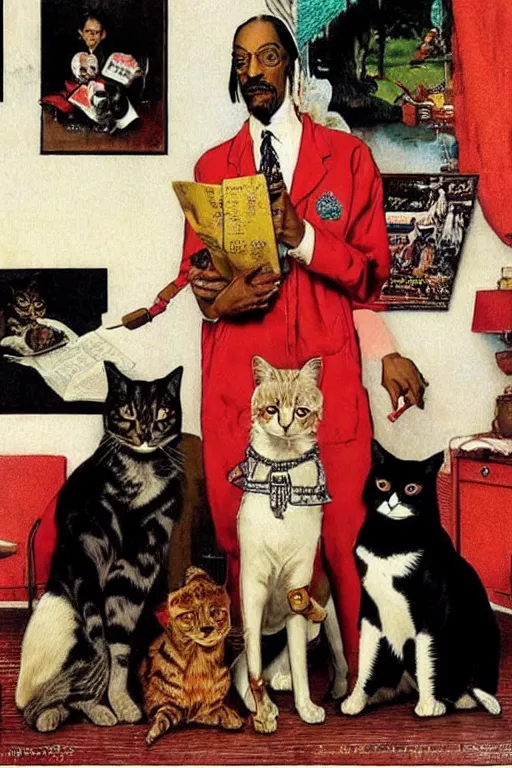 Image similar to snoop dogg and his cats painted by Norman Rockwell