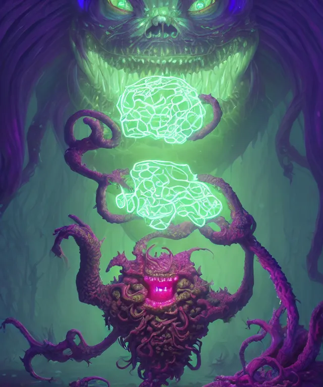 Image similar to a xanathar made of bioluminescence slimy skin, fantasy, elegant, crisp 8 k line art, digital painting, artstation, unreal engine, octane render, emissive lighting, concept art, matte, sharp focus, hyper realistic lighting, illustration, deep royal blue and pink color scheme, art by koyoharu gotouge