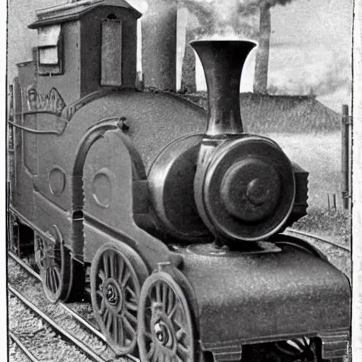 Image similar to archive photograph, 1856, train conductor uses a 3d printer on a steam engine