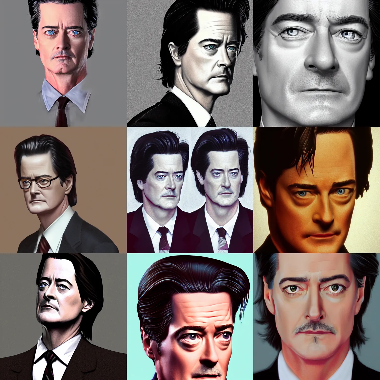 Prompt: a detailed portrait of Kyle MacLachlan in the tv show Twin Peaks(1991), hyper realistic, 8k, trending on artstation,artstationHD,artstationHQ
