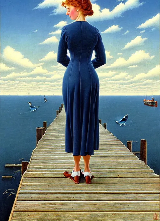 Prompt: a fancy beautiful young lady standing on a wharf at the edge of the sea by rob gonsalves and brom and gil elvgren and george petty and hilo chen and norman rockwell, crisp details, hyperrealism, high detail, high contrast, low light, grey mist, cobblestones, dim lantern