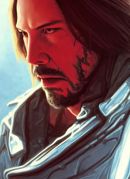 Image similar to Keanu Reeves, red glowing eyes, silver long hair, male, cyberpunk, extremely detailed, digital painting, artstation, concept art, smooth, sharp focus, illustration, stunning lighting, art by artgerm and greg rutkowski and alphonse mucha and simon stalenhag, realistic character concept, high fantasy, dark atmosphere, golden ratio, cinematic lighting, hyperdetailed, high resolution, insanely detailed and intricate, artstation, Marc Simonetti, Greg Rutkowski, 8k
