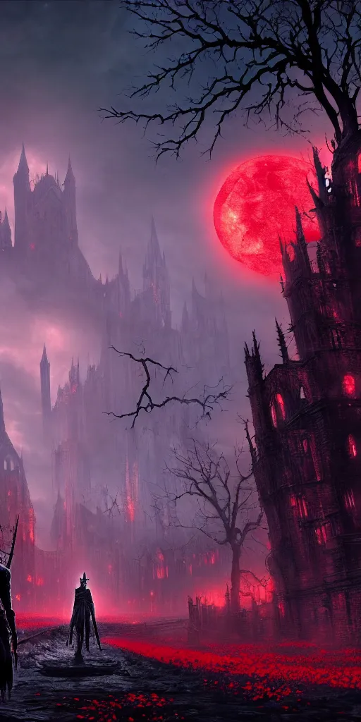 Image similar to abandoned bloodborne old valley with a obscure person at the centre and a ruined gothic city in the background, trees and stars in the background, falling red petals, epic red - orange moonlight, perfect lightning, wallpaper illustration by niko delort and kentaro miura, 4 k, ultra realistic