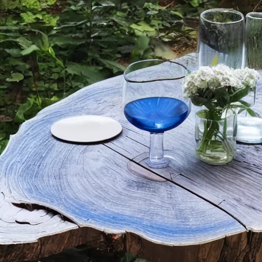 Image similar to a blue cystal in the wood table