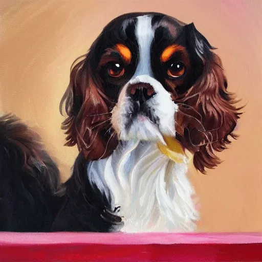 Image similar to king charles spaniel serving ice cream, ice cream store, oil painting, digital art, artstation