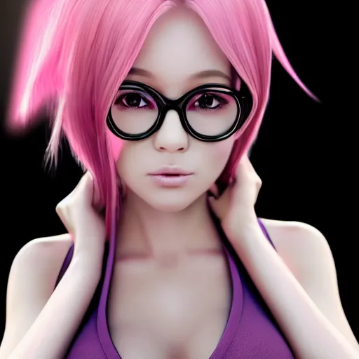 Prompt: a anime waifu with pink hair and round glasses, 4 k, high octane render, blender, succubus, digital art, realistic, hyper realism, cinematic