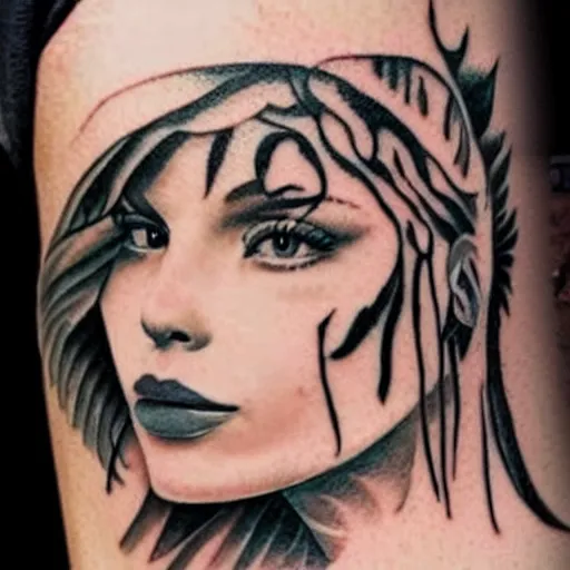 Image similar to tattoo design of a beautiful girl face, above the girls head there is a tiger, hyper detailed, in the design of eliot kohek