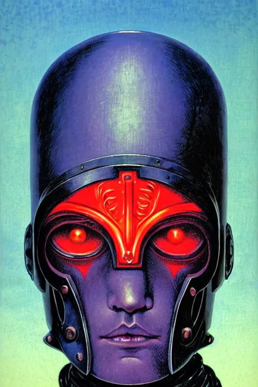 Prompt: portrait of gothic and futuristic young man, warhammer, cyberpunk armor, a lot of scars, thunderstorm, blue head, fire eyes, some red and purple, the middle ages, highly detailed, artstation, in the style of moebius, jugendstil and classic japanese print, art by rene magritte and jean delville