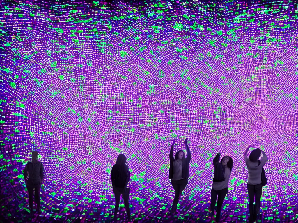 Image similar to group happy humans, many vortexes of overlapping translucent gigantic screens projecting beautiful random images, floating graphics, dripping light drops, hands touching light drops, supercomputers transforming text to images, perfect lighting pixel sorting