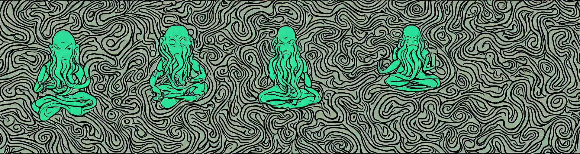 Image similar to meditating Cthulhu lost in Twin Peaks while David Lynch is shape-shifting in the background, fractal tile, mike judge art style, 90s mtv illustration