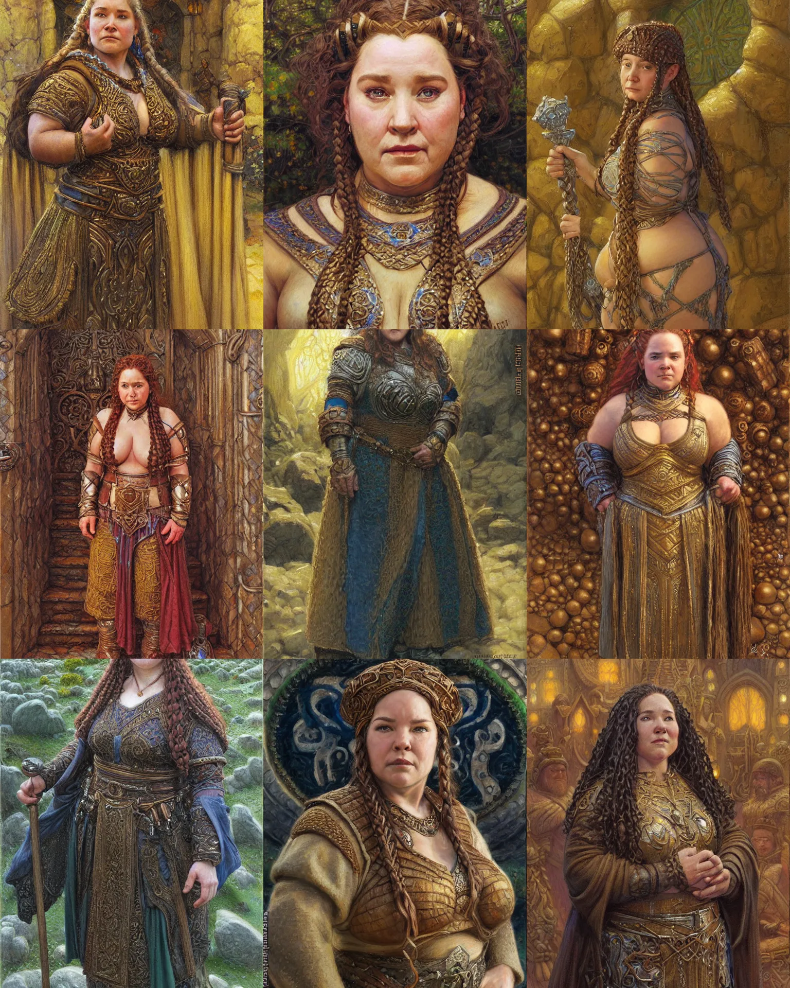 Prompt: female dwarven noblewoman, chubby short stature, braided intricate hair, by donato giancola