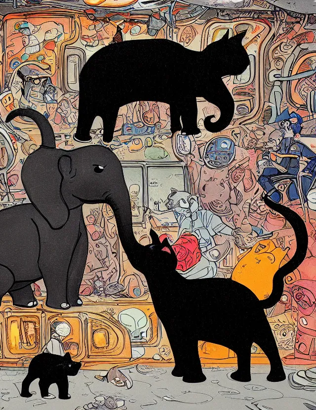 Image similar to realistic portrait of a stoned black cat and a tiny elephant in the very busy NYC subway looking at a train arriving to late by James Jean