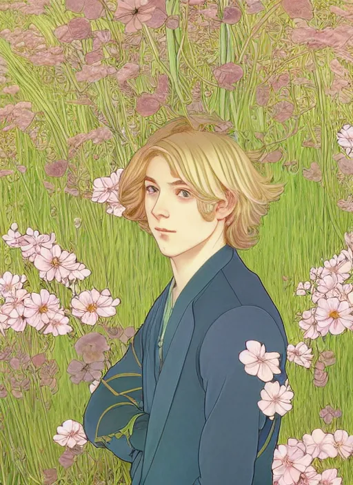 Image similar to pretty young man with shoulder length blond hair, male, half body shot, flower pattern background, path traced, highly detailed, high quality, digital painting, by studio ghibli and alphonse mucha, leesha hannigan, hidari, art nouveau, chiho aoshima, jules bastien - lepage