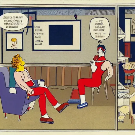 Image similar to the greek god eros who is a clown, has hurt his knee and sitting in a chair and is watching the game on tv with a beer in hand, by chris ware