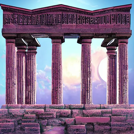 Image similar to ancient greek structure in the moon, retrowave epic art, trending on art station