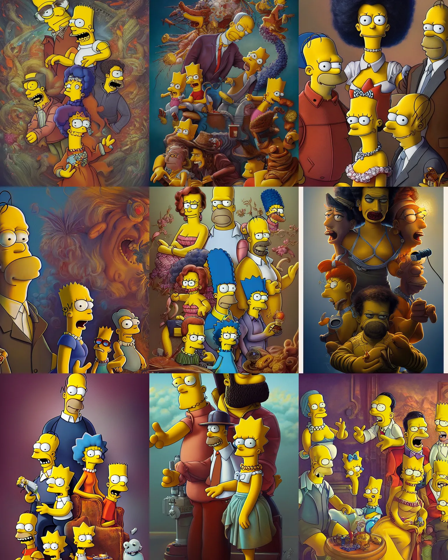 Prompt: portrait of the simpsons by karol bak, james jean, tom bagshaw, rococo, sharp focus, trending on artstation, cinematic lighting, hyper realism, octane render, 8 k, hyper detailed.