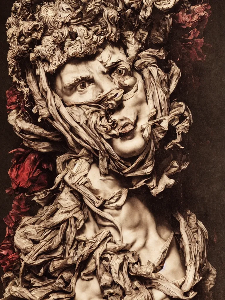 Prompt: Detailed maximalist portrait a Greek god bust with large lips and with large white eyes, angry, fleshy botany, HD mixed media 3d collage, highly detailed and intricate, surreal illustration in the style of Caravaggio, dark art, baroque