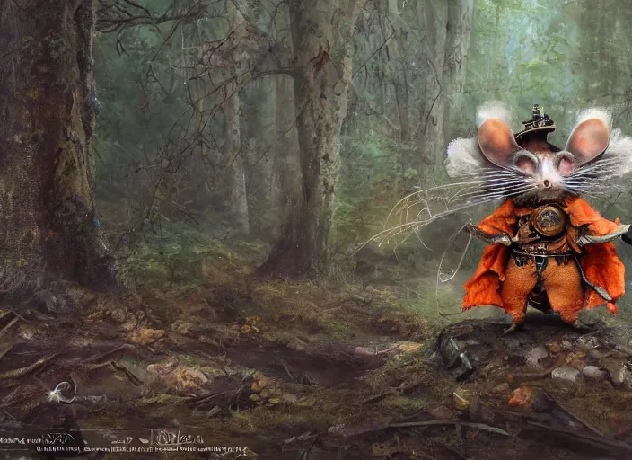 Image similar to ashigaru steampunk - inspired feathered mouse, colorful plumage, lacquered armor, cute but determined, hard focus, art station, by jessica rossier and brian froud, cinematic fantasy painting, orange grey white, in a woodland glade