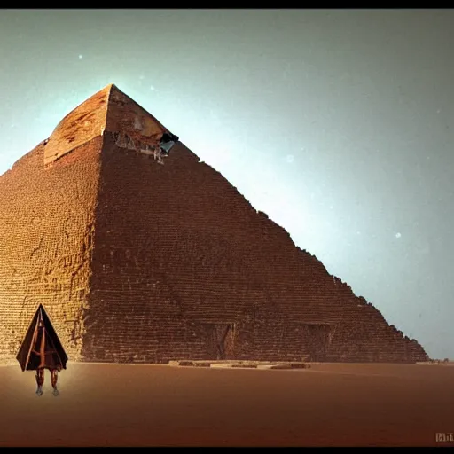 Image similar to Pyramid Head standing in front of The Great Pyramid of Giza, intricate, highly detailed, fullbody, artstation, dark fantasy, horror, Silent Hill game, concept art, smooth, sharp focus, illustration, art by greg rutkowski and orientalism and bouguereau and Zdzislaw Beksinski, good clear quality, lighting, biology, symmetrical artwork, perfect face, 135 mm, cinematic, hyper realism, high detail, octane render, 8k, chrome accents