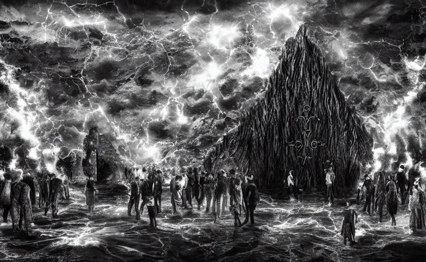 Image similar to alvah angelrune water portal to hell located in heaven, photorealistic, crowd of people, rule of thirds, 4 k, dark bright effect, version 3, very stylized