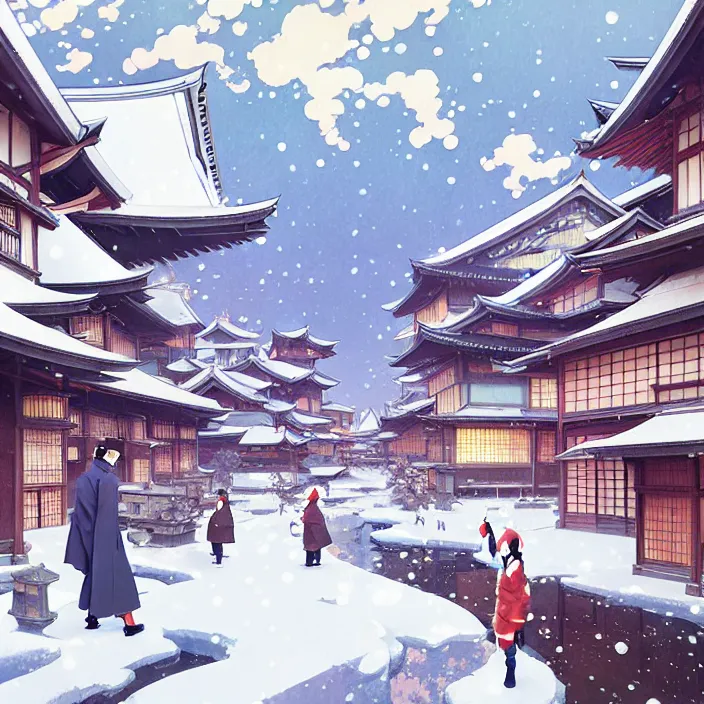 Image similar to japanese city, winter, in the style of studio ghibli, j. c. leyendecker, greg rutkowski, artem