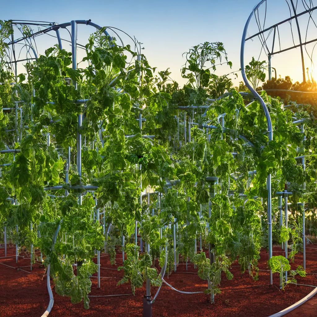 Image similar to torus shaped electrostatic water condensation collector tower, irrigation system in the background, racks of vegetables propagated under shadecloth, in the middle of the australian desert, XF IQ4, 150MP, 50mm, F1.4, ISO 200, 1/160s, natural light at sunset with outdoor led strip lighting