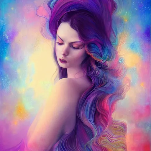 Image similar to a painting of a woman with long hair, digital art by anna dittmann, behance contest winner, psychedelic art, behance hd, detailed painting, iridescent