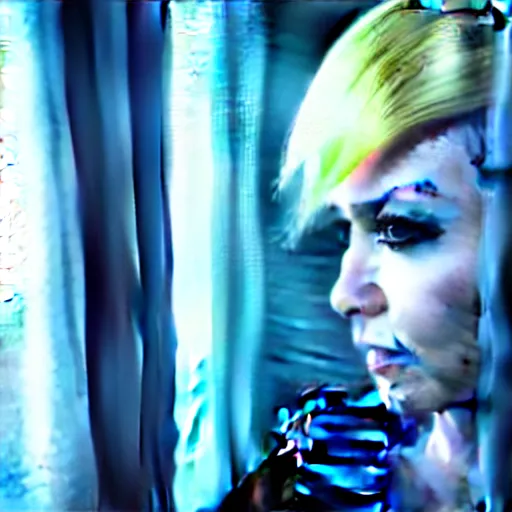 Image similar to beautiful android peeking at you though the curtains, short spiky blonde hair, cyberpunk outfit, still from closed circuit tv footage