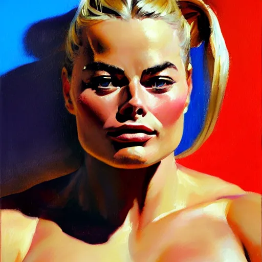 Image similar to greg manchess portrait of margot robbie as thick very muscular weightlifter with twintails and blondehair, eyes closed, medium shot, asymmetrical, profile picture, organic painting, sunny day, matte painting, bold shapes, hard edges, street art, trending on artstation, by huang guangjian and gil elvgren and sachin teng