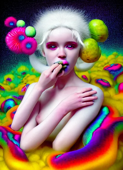 Image similar to hyper detailed 3d render like a Oil painting - kawaii portrait Aurora (white haired Singer Ferret) seen Eating of the Strangling network of yellowcake aerochrome and milky Fruit and Her delicate Hands hold of gossamer polyp blossoms bring iridescent fungal flowers whose spores black the foolish stars by Jacek Yerka, Mariusz Lewandowski, Houdini algorithmic generative render, Abstract brush strokes, Masterpiece, Edward Hopper and James Gilleard, Zdzislaw Beksinski, Mark Ryden, Wolfgang Lettl, hints of Yayoi Kasuma, octane render, 8k